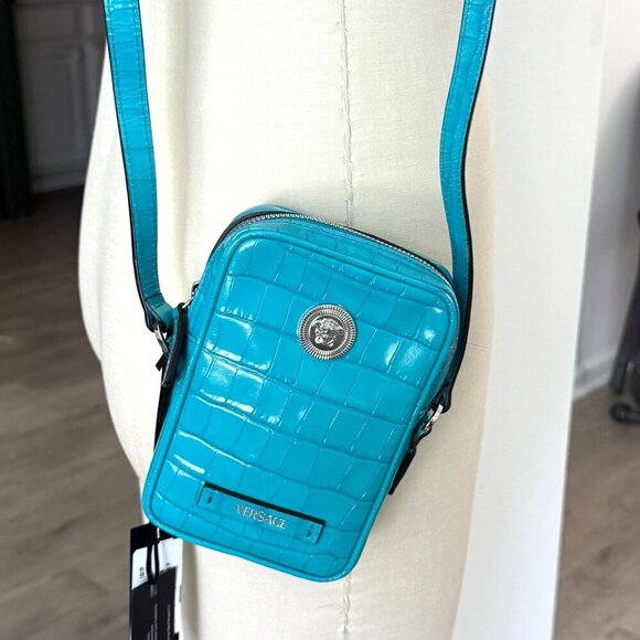 Versace Blue Croc-Embossed Medusa Mini Phone Case Bag 1006192 - Picture 7 of 15